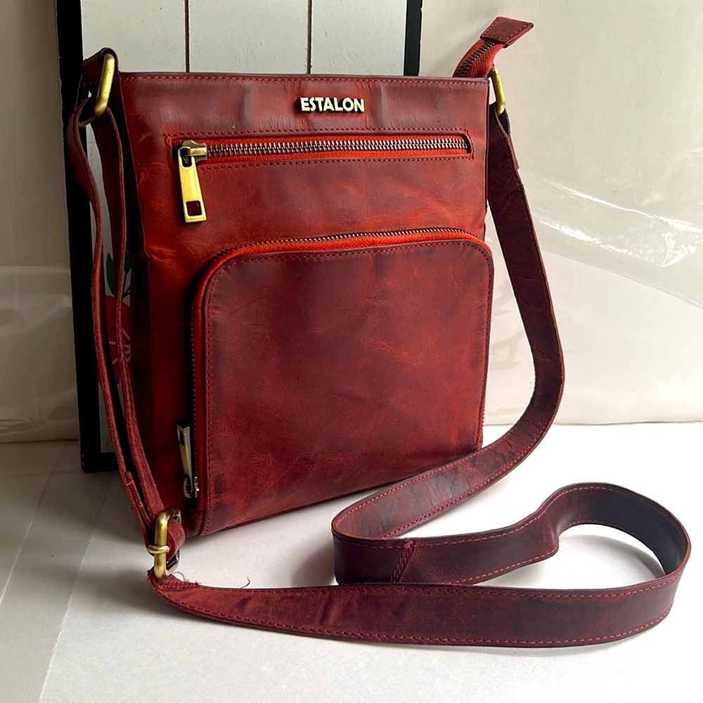 Estalon Genuine Leather Red Crossbody Bag. EUC